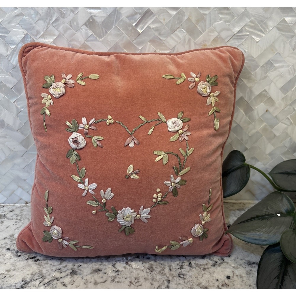 11"x11" Pink Needlepoint Tapestry Pillow Ribbon Embroidered Floral Heart